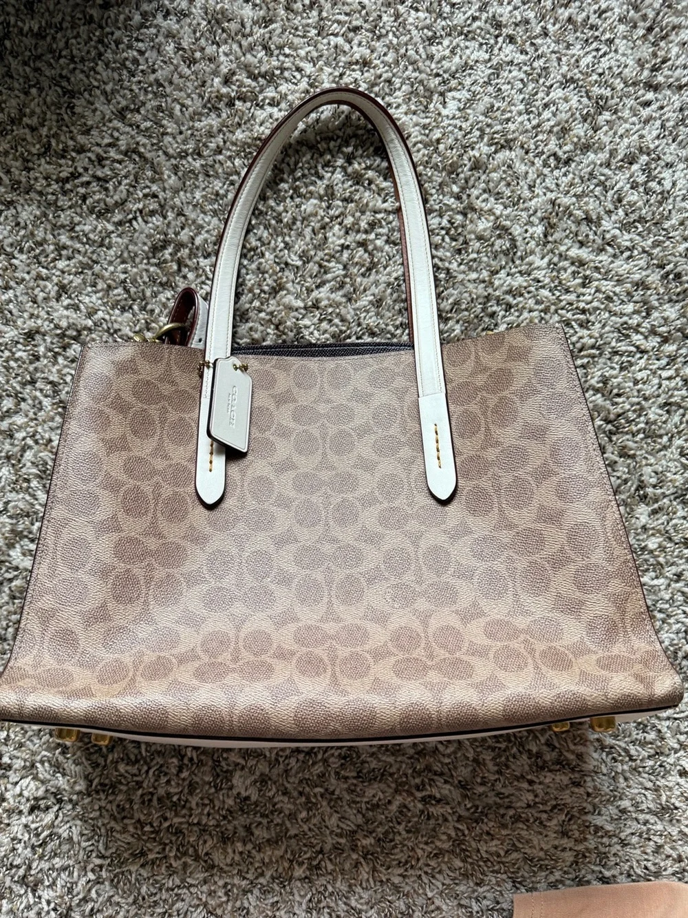 Coach Signature Canvas Tote in Brown with Cream Handles